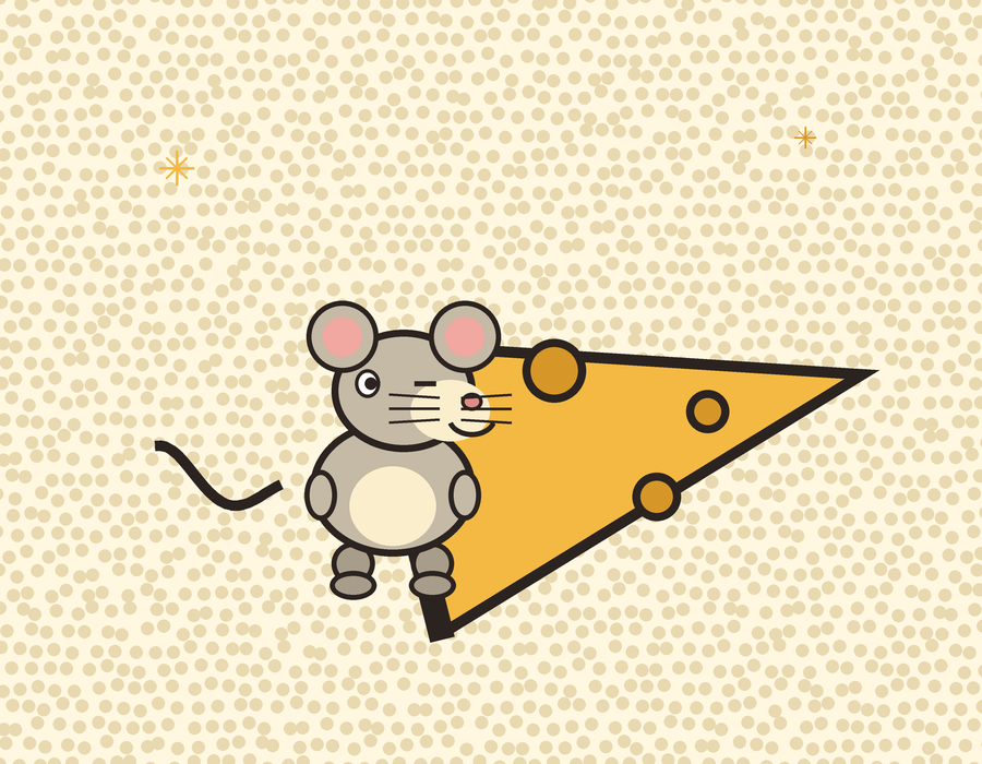 Milo the mouse winking beside a giant wedge of cheese