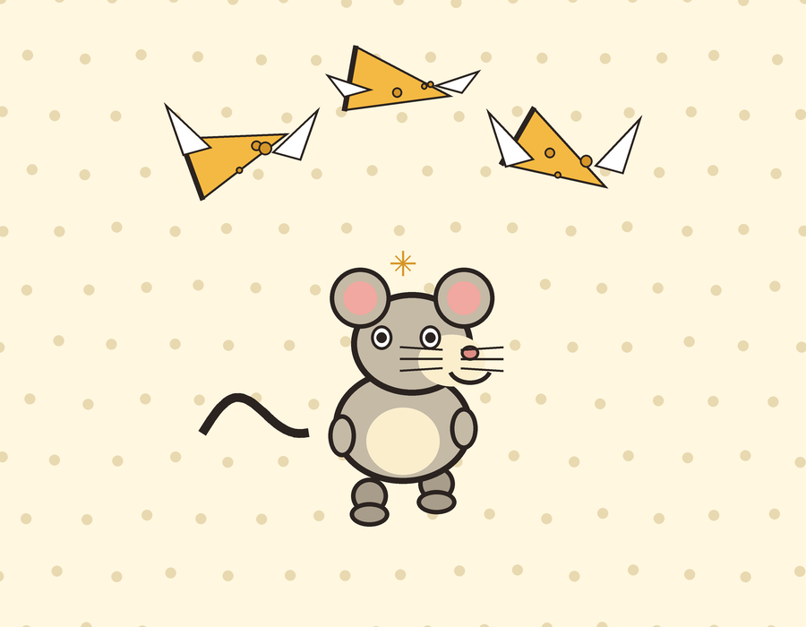 Milo the mouse attempting to juggle three flying mini cheese wedges