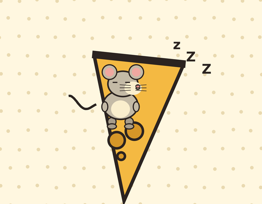 Milo the mouse asleep on top of a tall cheese wedge, with zzz above him