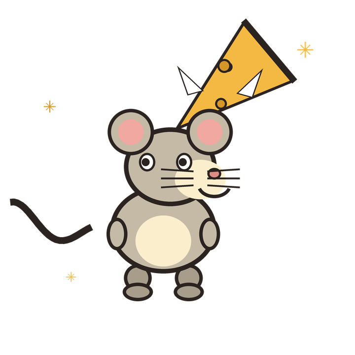 Milo the mouse balancing a wedge of cheese on his head, winking